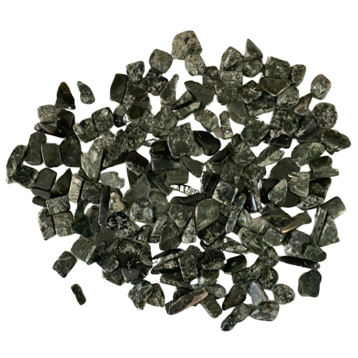 Seraphinite Tumbled - Stones with a smooth, polished finish and a shimmering green color.