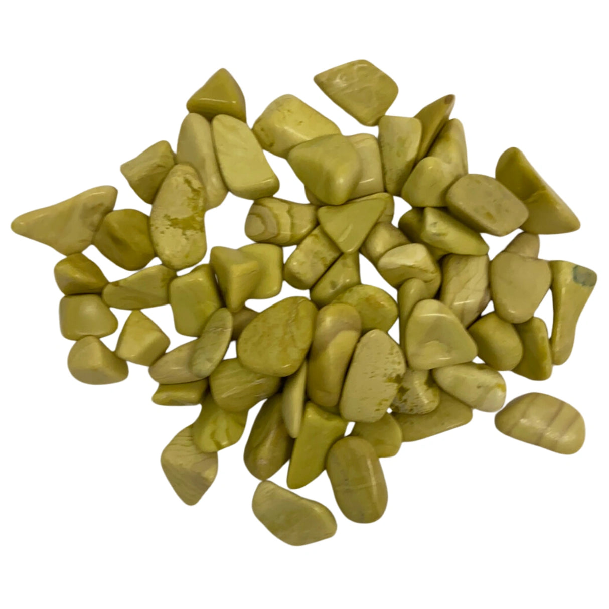 Serpantine Tumbled - Stones with polished finish, and yellowish-green hues.