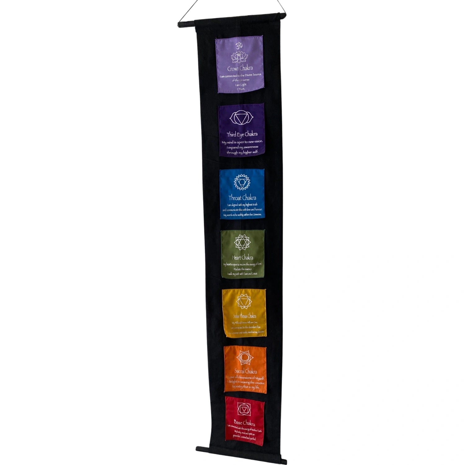 Seven Chakra Flap Banner - Seven Chakra Flap Banner made from black, lavender, purple, blue, green, yellow, orange, and red cloth, with white print. 