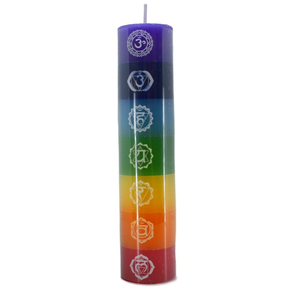 Purple pillar candle with seven stacked bands of color, each representing a different chakra.