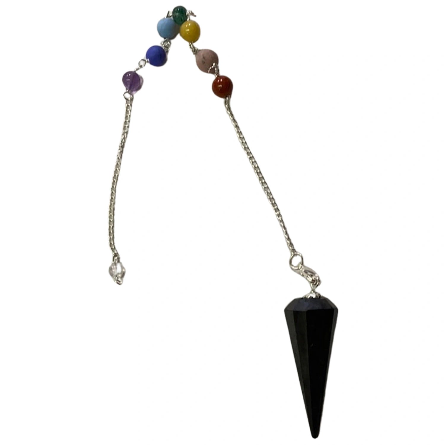 Black obsidian pendulum with a silver chain and seven colored beads.