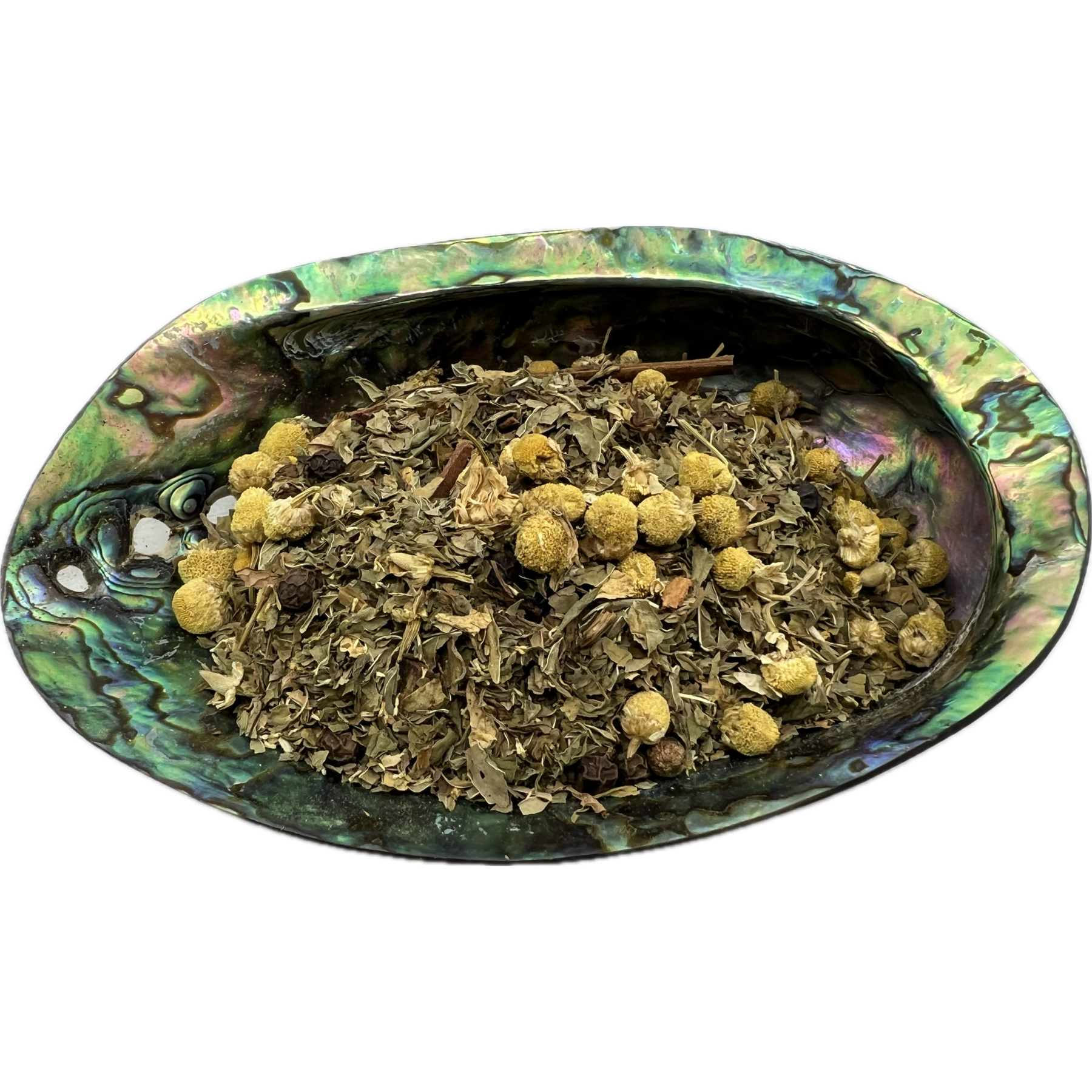 Dried mixed herbs named Solar Plexus Chakra Herb Mix placed on a colorful shell bowl 