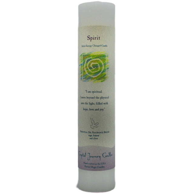 Spirit Pillar Candle - Spirit Pillar Candle.  This white scented candle has sage, lemon and clove essential oils.  Use this candle to assist your focus on the spiritual side of life.