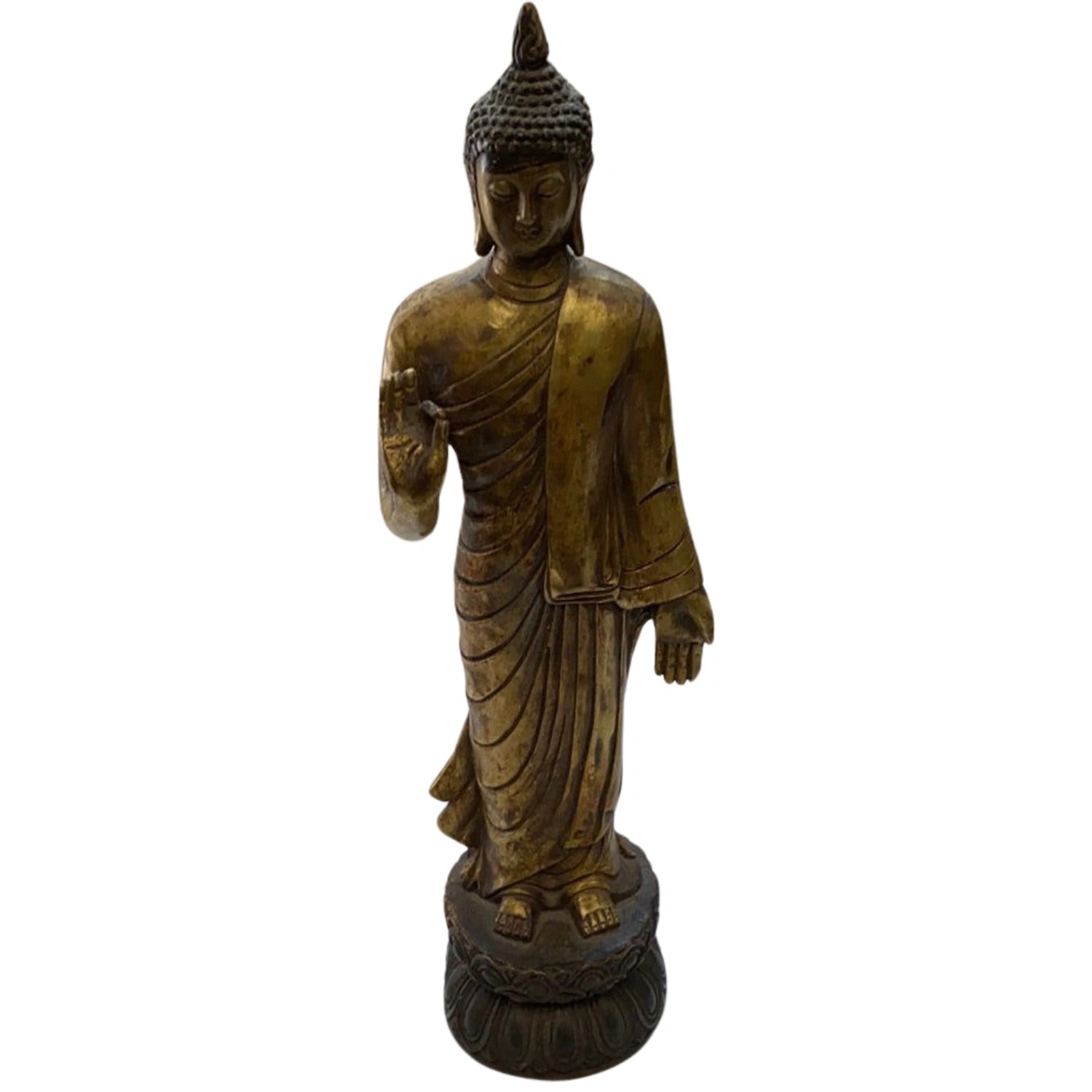 Standing Buddha statue with gold finish, holding one hand in a gesture of abhaya.