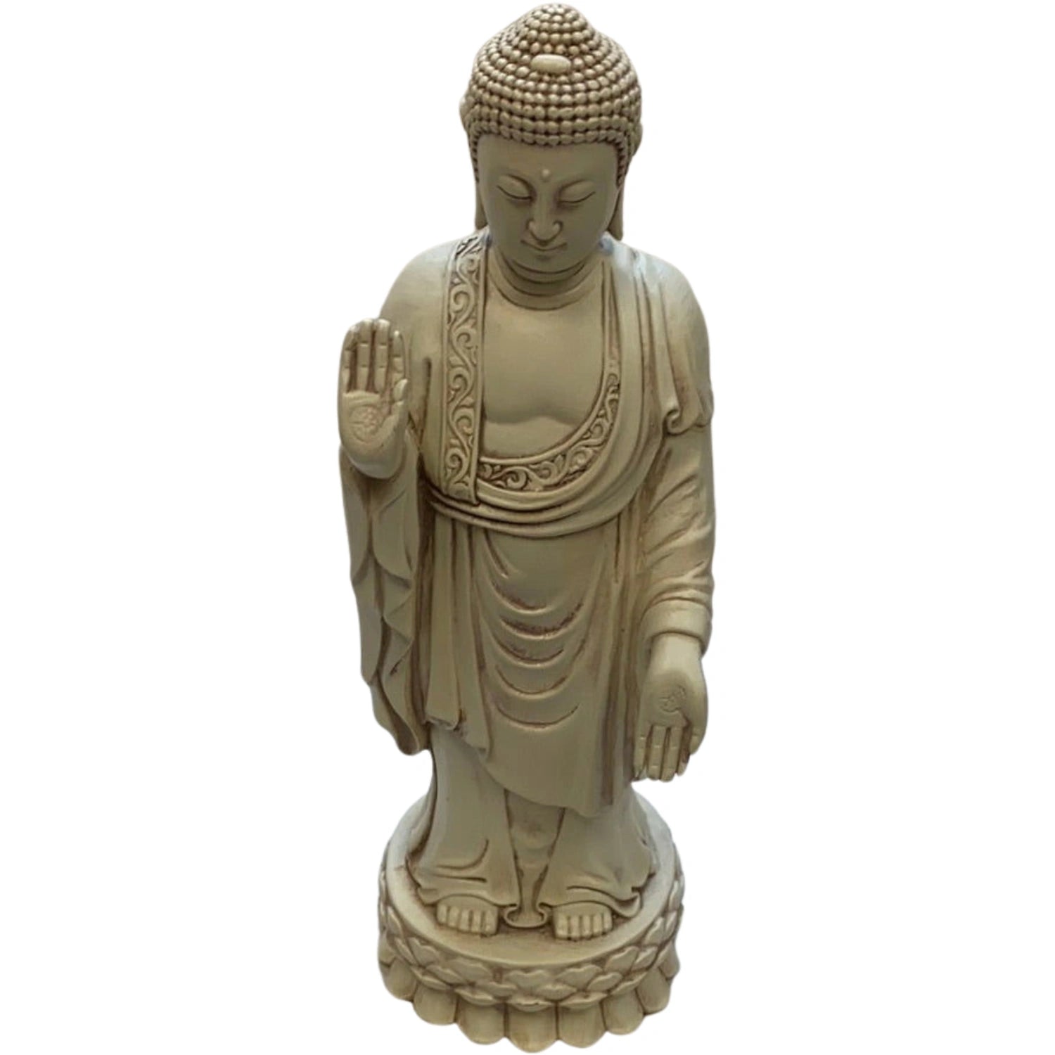 Standing Buddha statue with raised right hand and palm facing outward, wearing robes and standing on a lotus base.