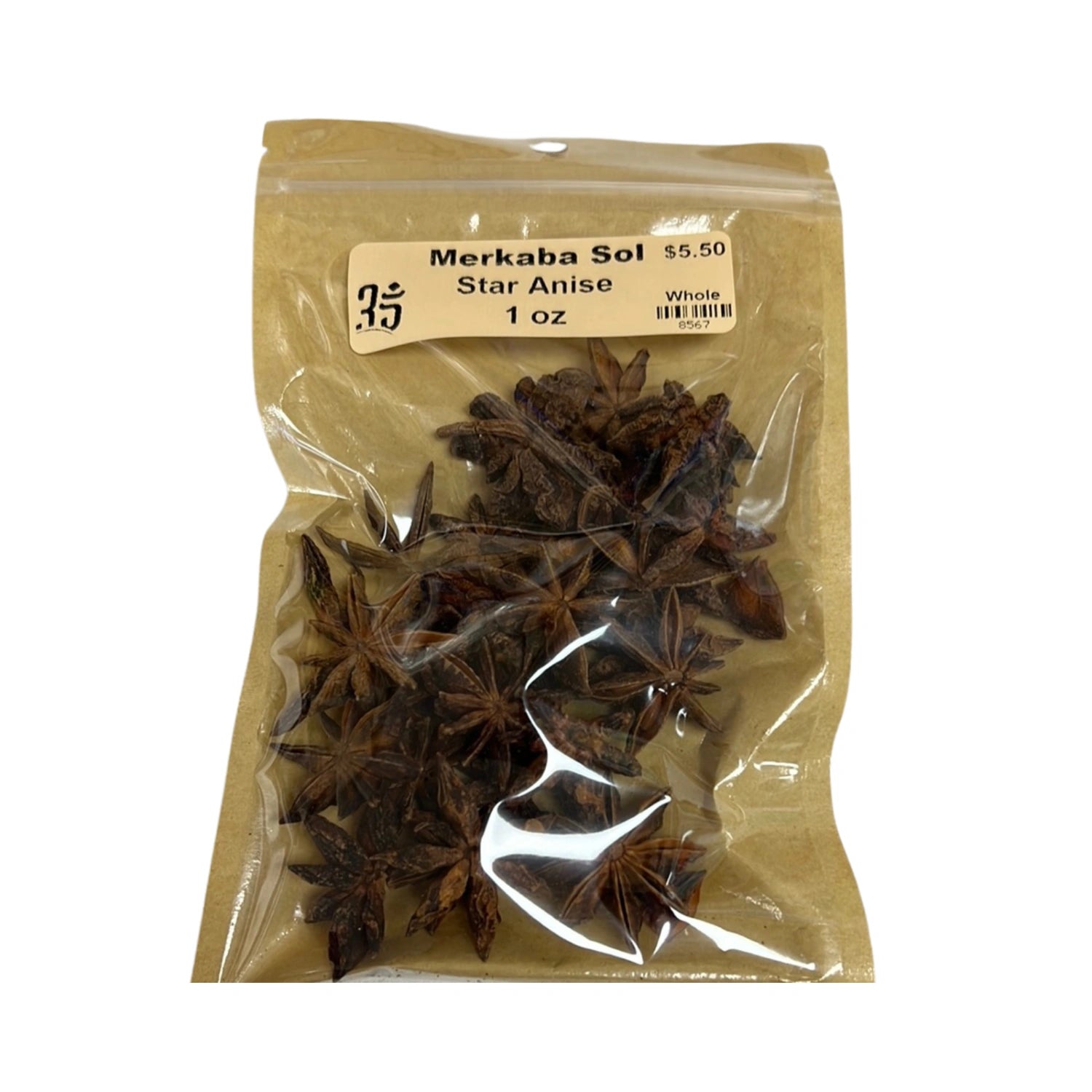 Dried Star Anise in a clear plastic bag.