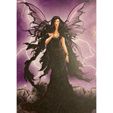 A dark-haired woman with purple butterfly wings, standing on a rocky cliff with lightning in the background.