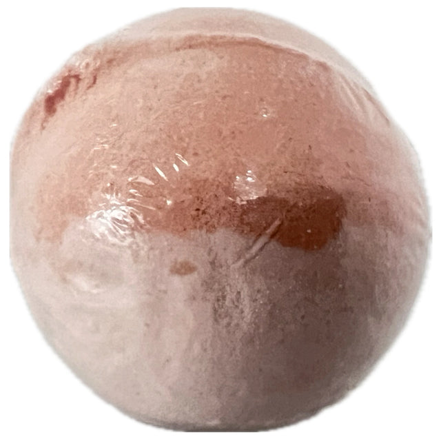 Pink bath bomb with a smooth, spherical shape.