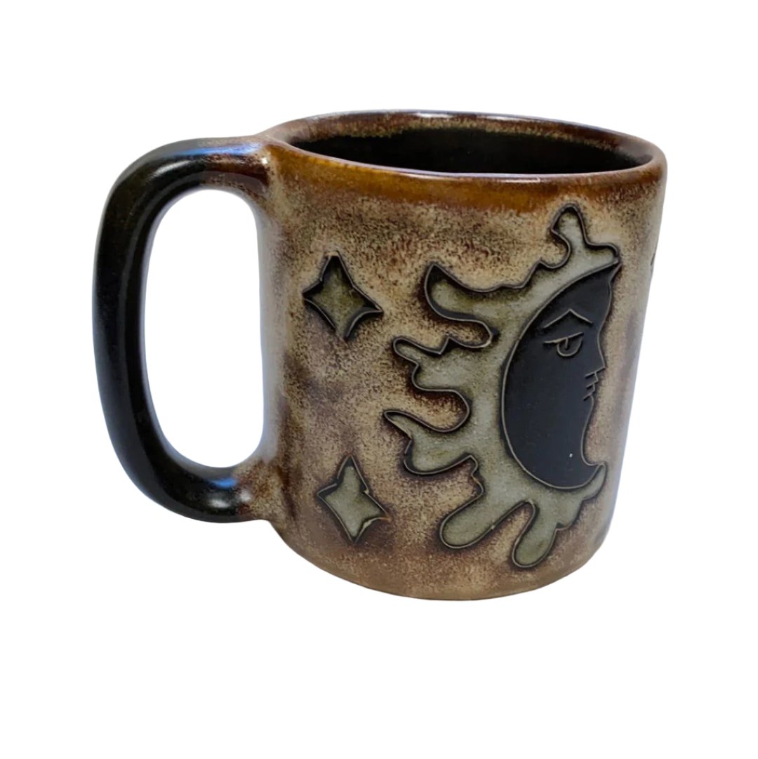 Sun & Moon Mug 16oz - Large stone mu pillar shaped with handle tan and image of sun and moon infighter shades of tan and grey 