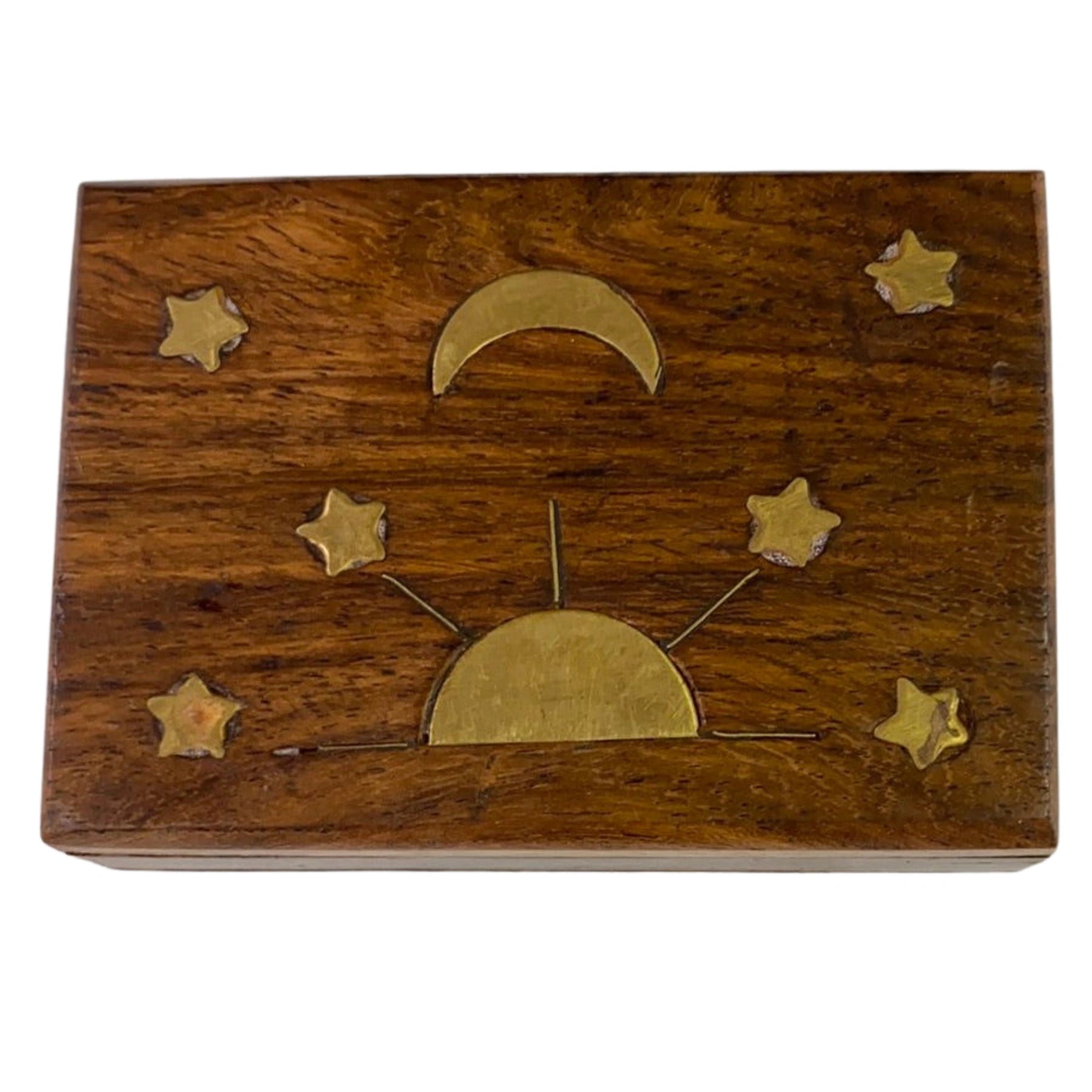 Sun Star Moon Wooden Box - Wooden box with gold-colored metal plates depicting the sun, moon, and stars.