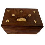 Sun & Star Wooden Box - Small rectangle wood box top inlaid with brass moon and stars 