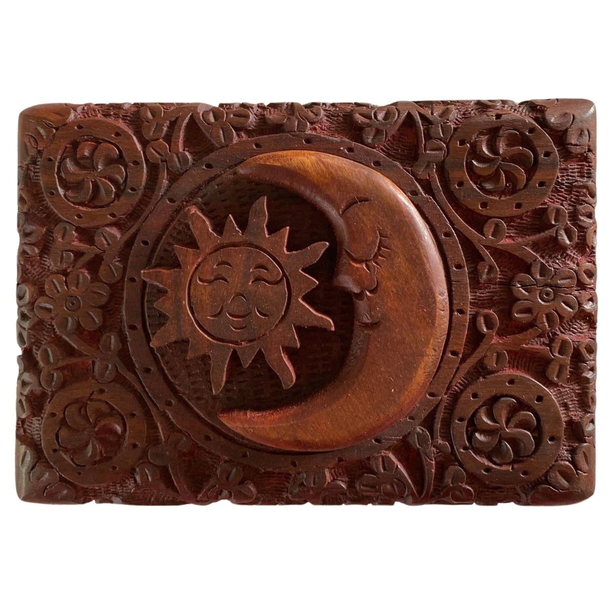 Sun and Moon Carved Wood Box - Wooden box with sun and moon carvings