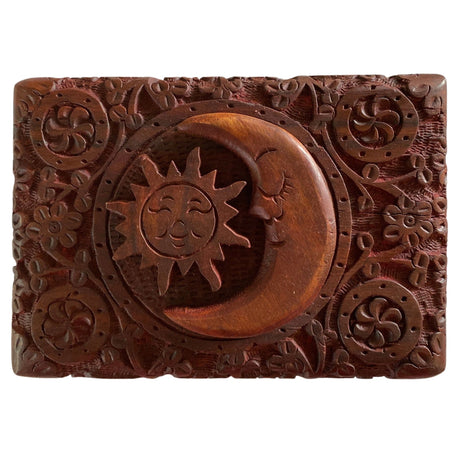 Sun and Moon Carved Wood Box - Wooden box with sun and moon carvings