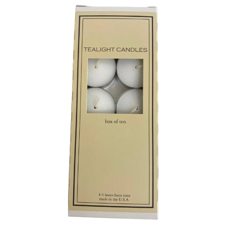 T-Lite Candle 10 Pack - Front cover of a rectangular box with 10 T-lite candles indside