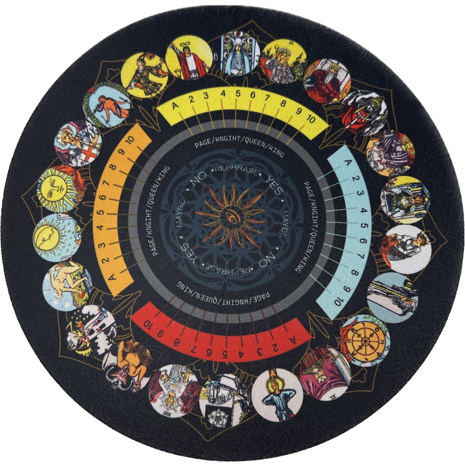 Circular tarot cloth with a central sun and moon design. The outer edge features the tarot card symbols and corresponding numbers.