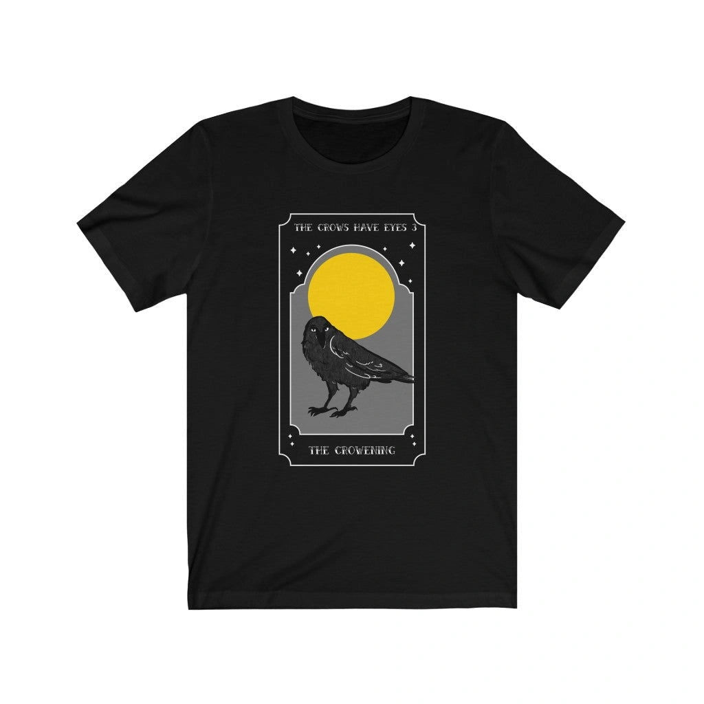 MerkabaSol Black The Crowening Short Sleeve Tee with a crow and moon design.
