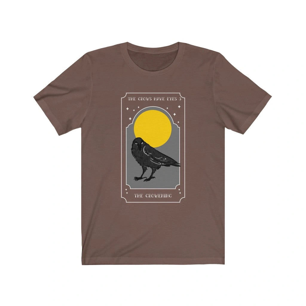 MerkabaSol Brown The Crowening Short Sleeve Tee with a crow and moon design.