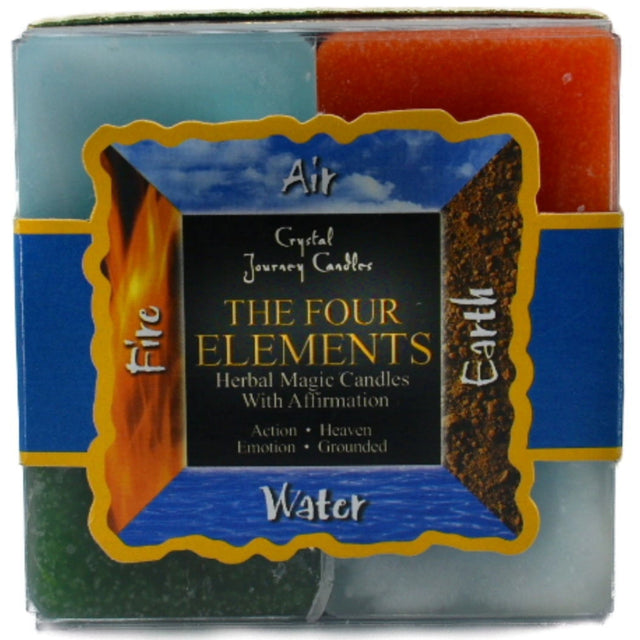 The Four Elements Candle Set with blue, orange, green, and purple candles.