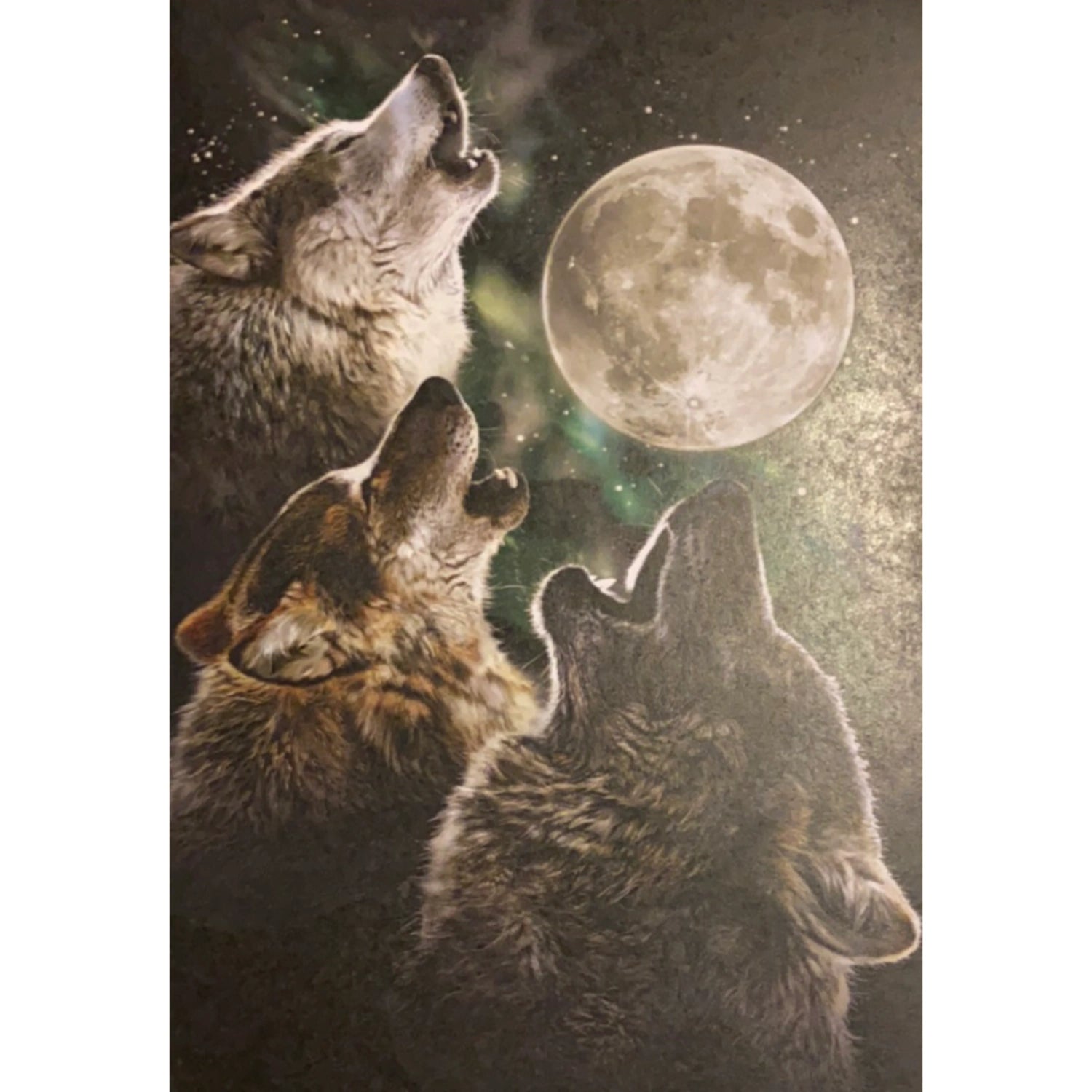 Greeting card with three wolves howling at the moon.