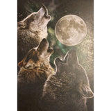 Greeting card with three wolves howling at the moon.