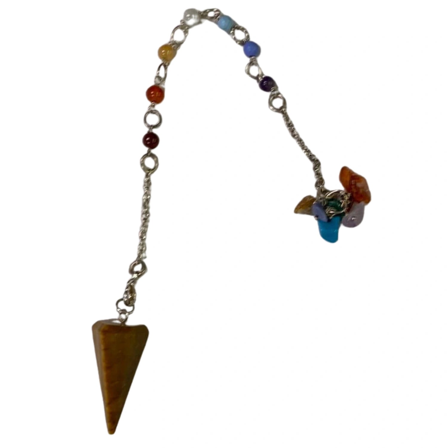 Brown tiger's eye pendulum with a silver chain and seven colored beads.