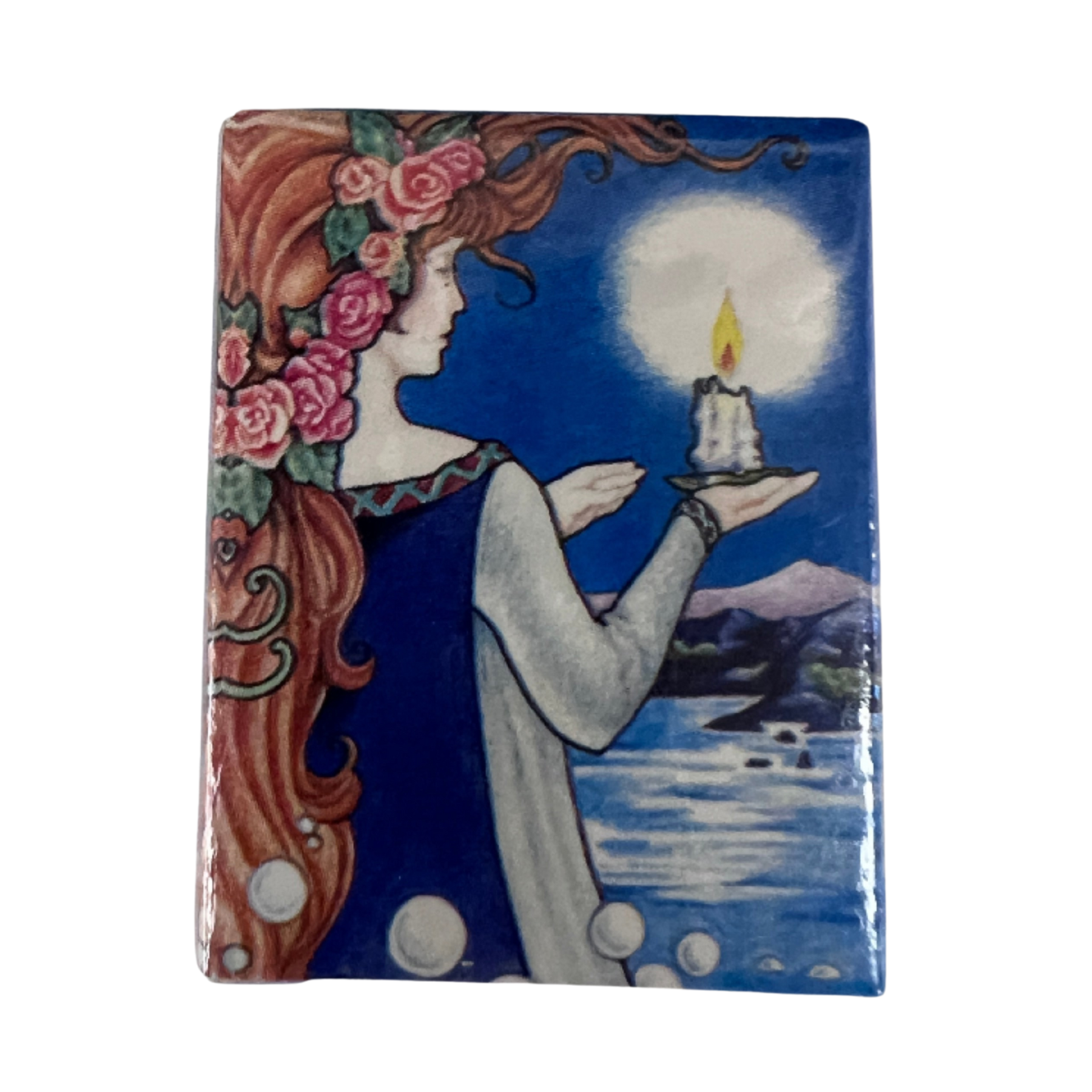Tiny small box size of matchbook with image of a woman with long brown haired and flowers attached holding a candle on the palm of her hands. 