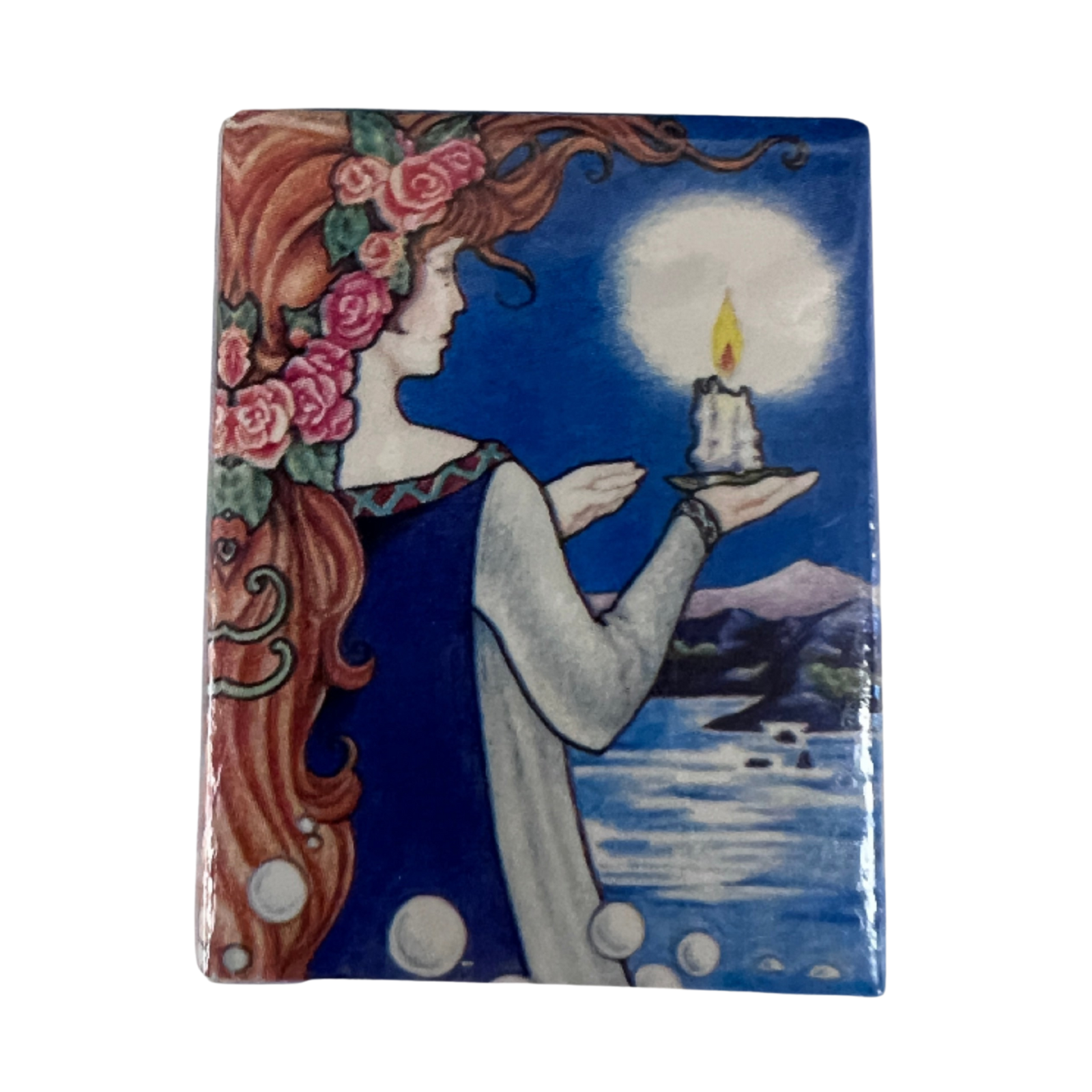 Tiny Universal Waite Tarot - Tiny small box size of matchbook with image of a woman with long brown haired and flowers attached holding a candle on the palm of her hands. 