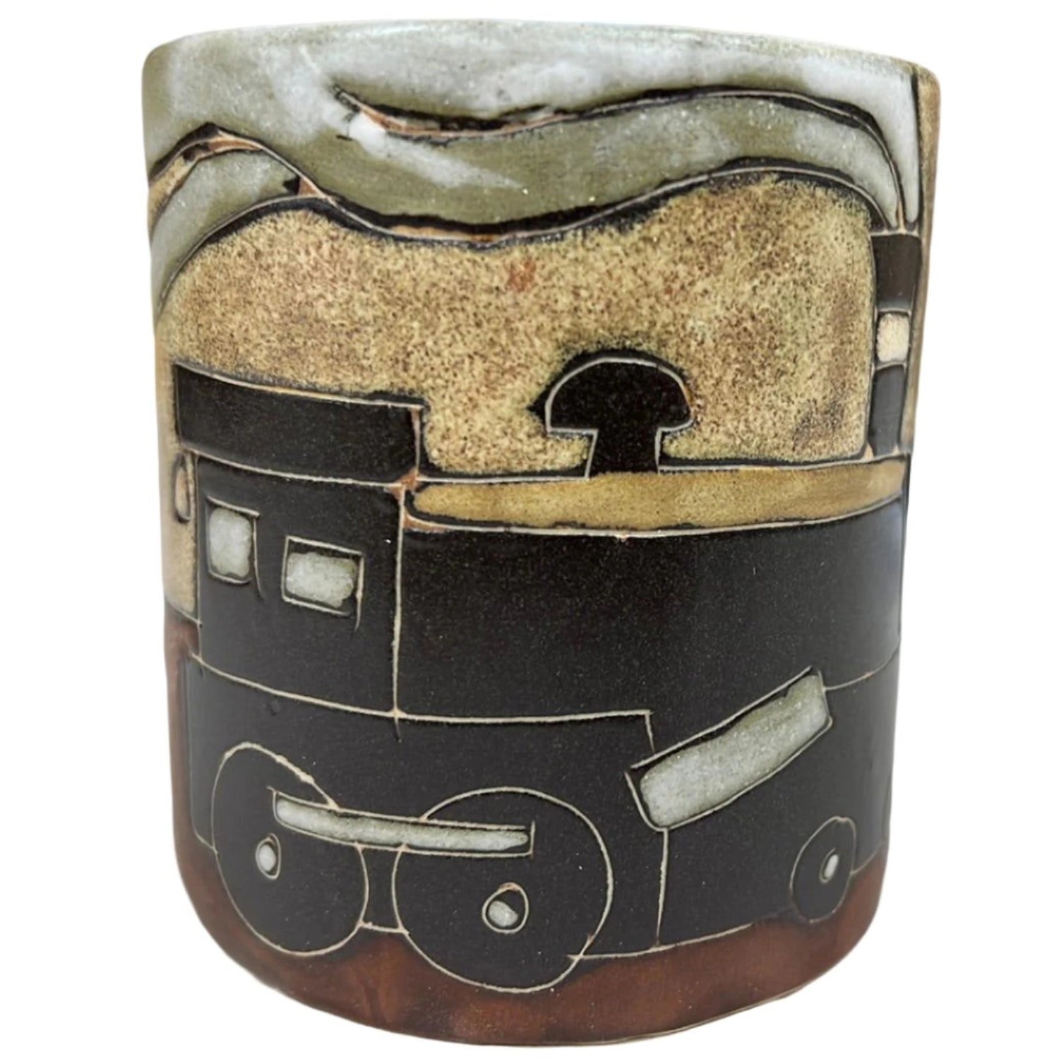 Brown ceramic mug with a black train design.