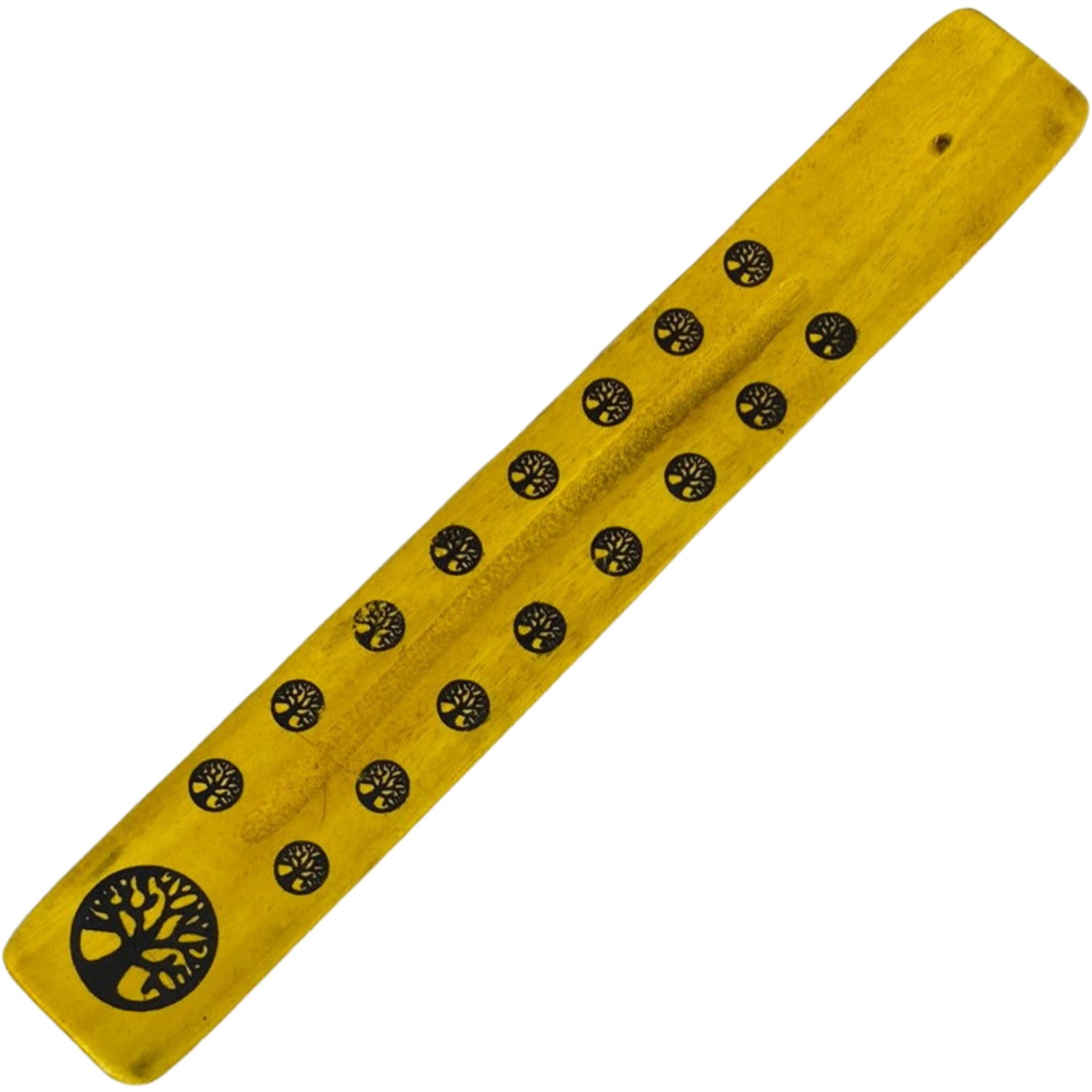 Long yellow wooden incense burner with tree of life design.