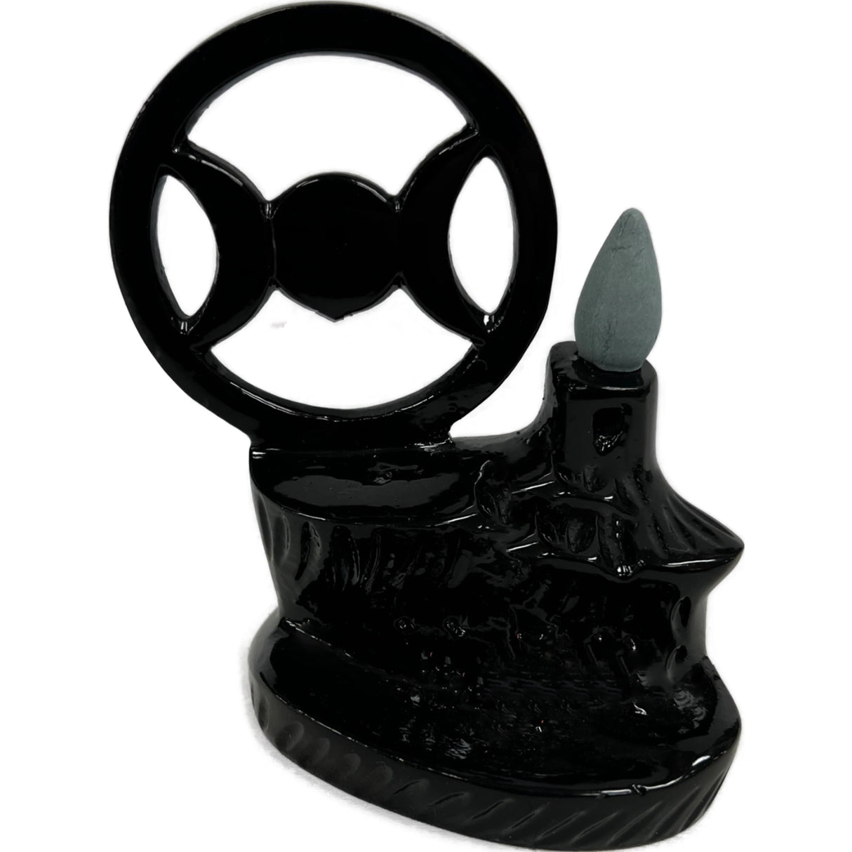 Black ceramic backflow incense burner with Triple Moon symbol.