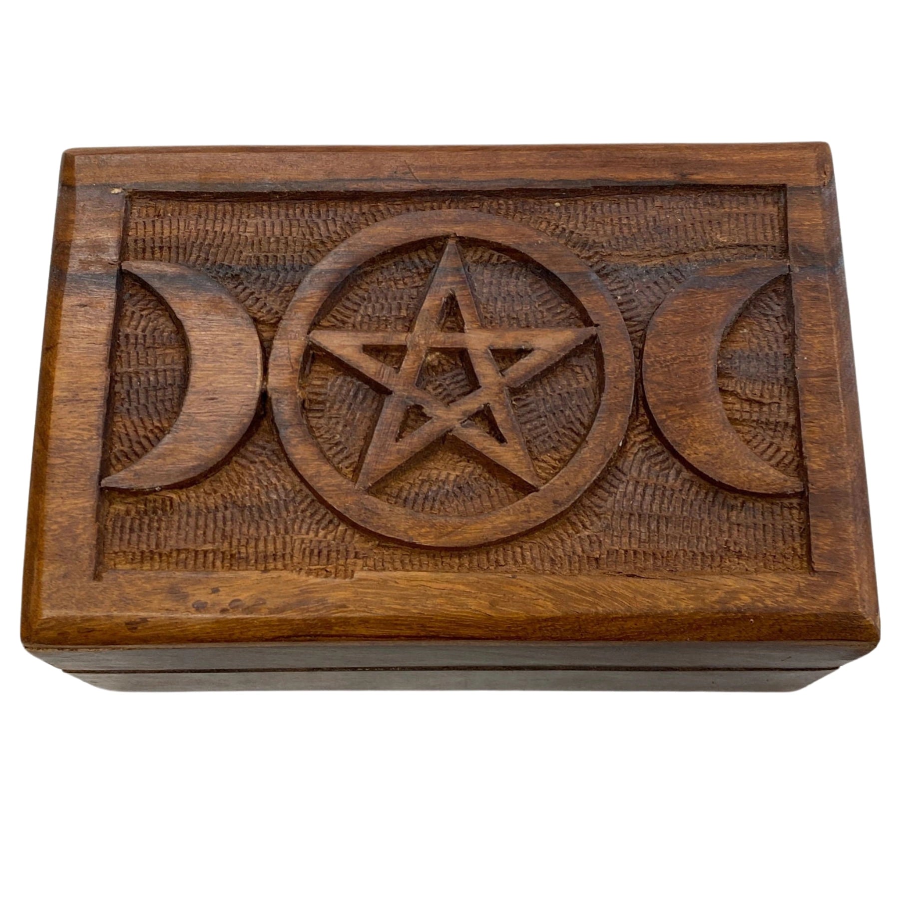 Triple Moon Pentacle Box - Wooden box with moon and pentagram carvings