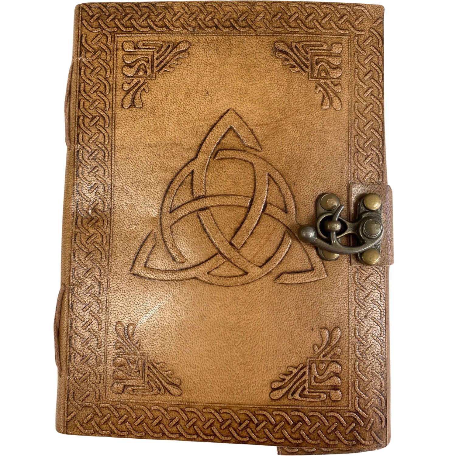 Brown leather journal with triquetra design and brass lock.