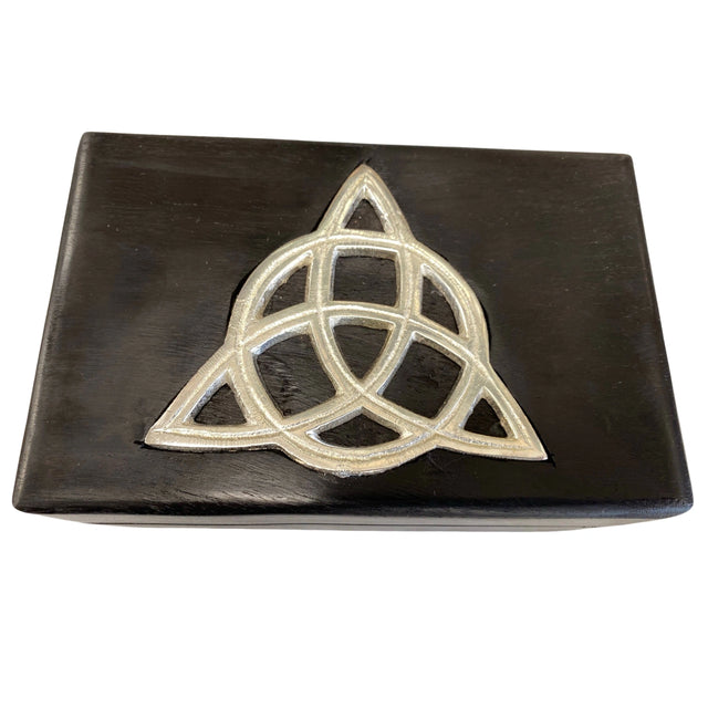 Triquetra Inlaid Wood Box - Black wooden box with a silver triquetra inlay.