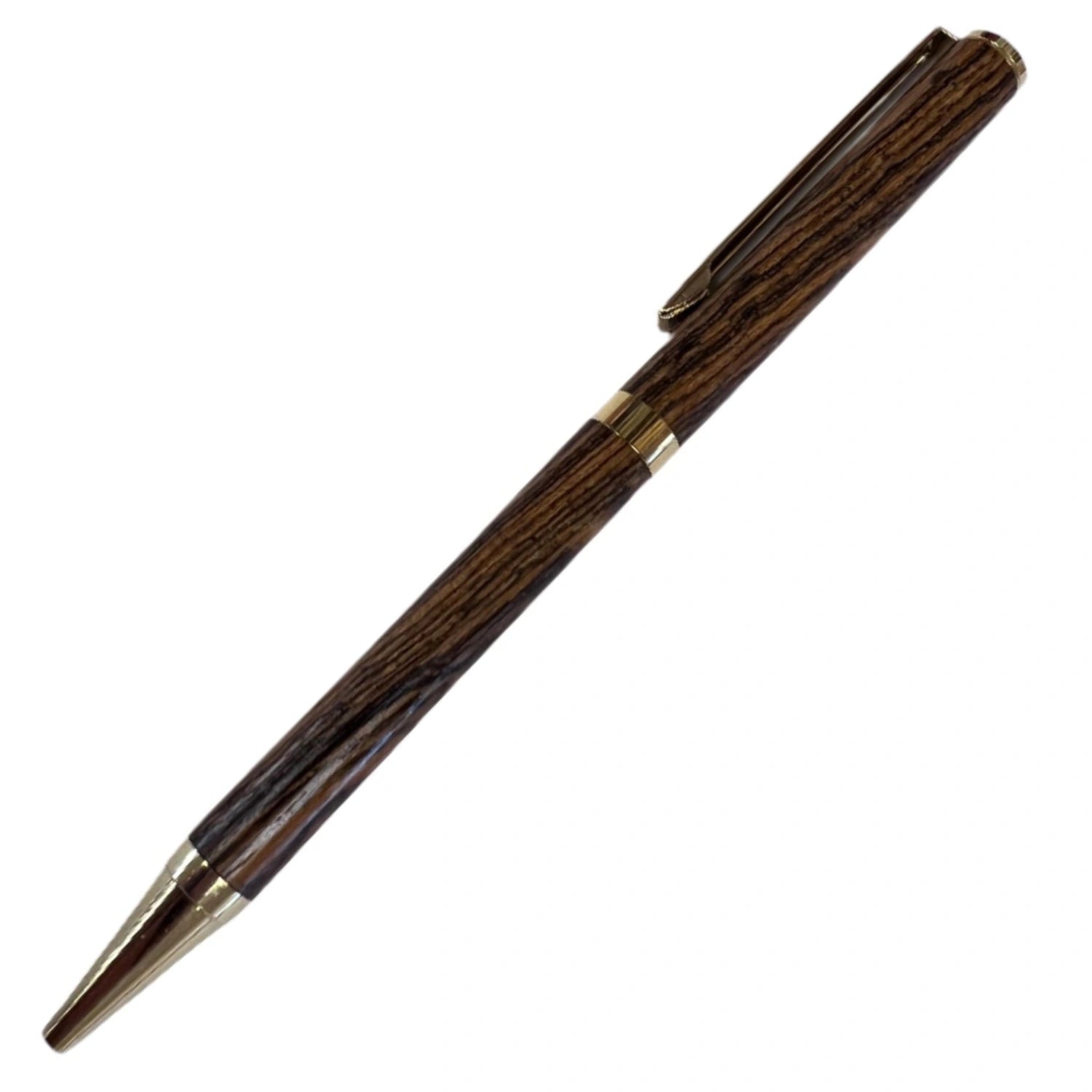 Handmade twist pen with a brown wood barrel and gold-colored accents.