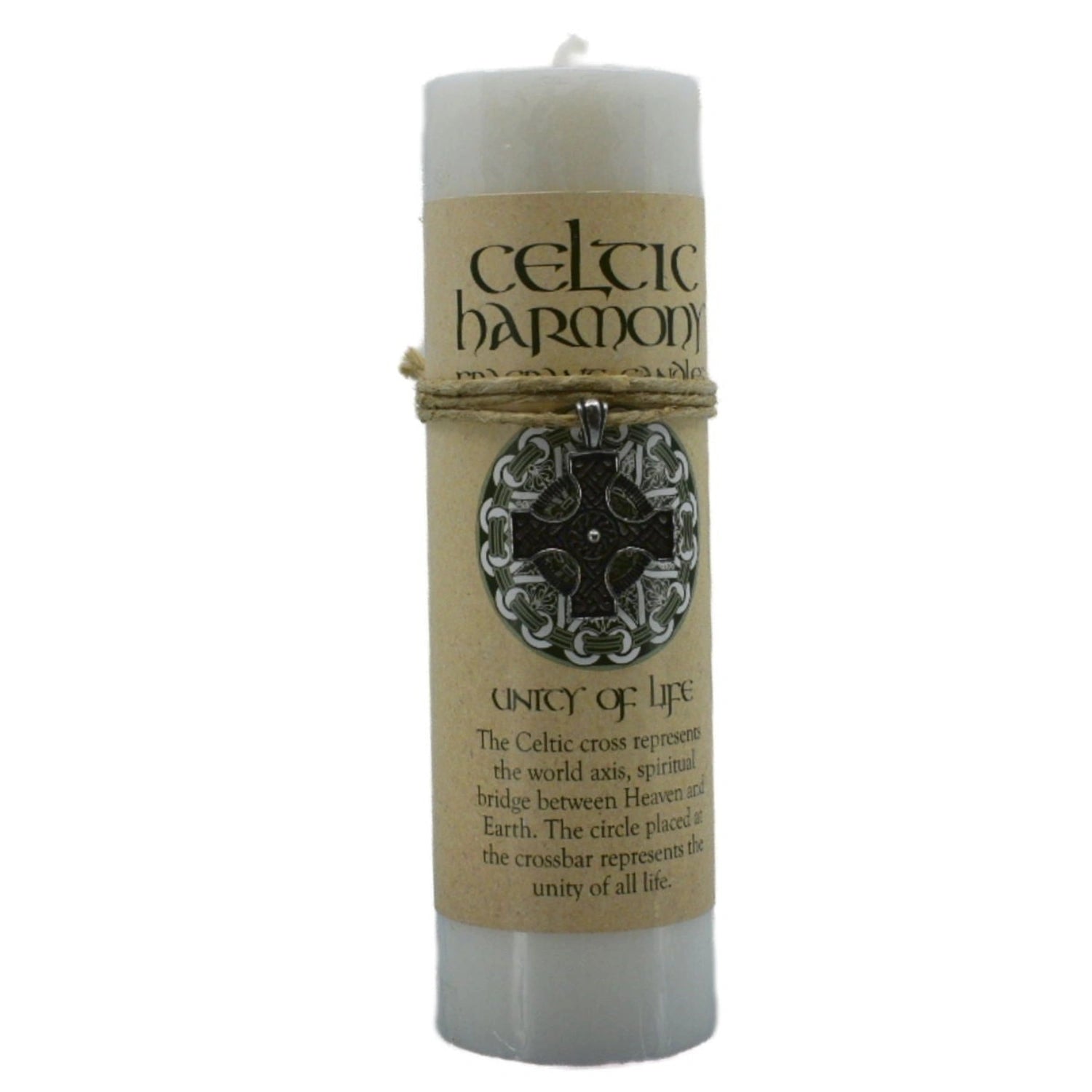 Unity of Life Celtic Pendant Candle - Unity of Life Celtic Pendant Candle.  It is part the Celtic Harmony series of candles.  The Celtic cross symbolizes the path between physical plane and the heavenly abode.  it is a scented white candle with a pewter pendant attached that can be worn as a necklace or used an an amulet.  