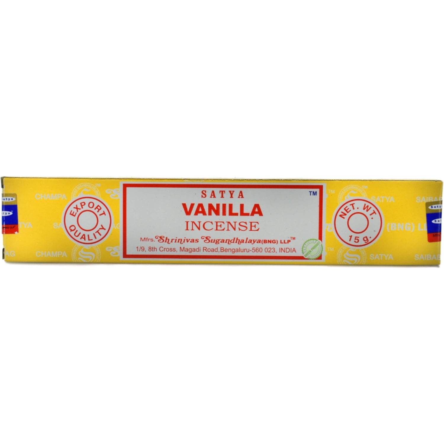 Satya Nag Champa Vanilla Incense Sticks in a yellow box.