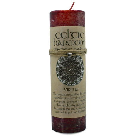 Virtue Celtic Pendant Candle - Virtue Celtic Pendant Candle.  Deep red candle with label and a pewter pendant 