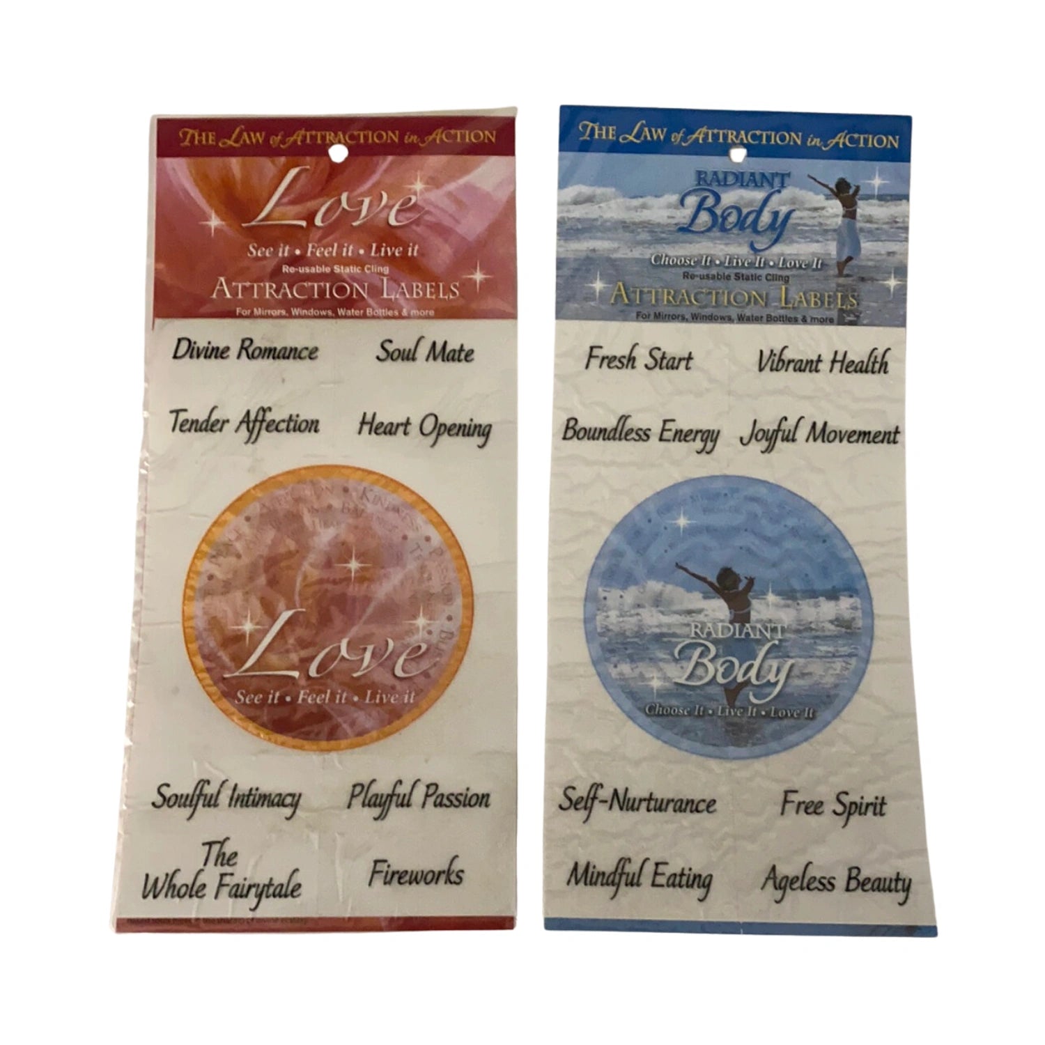 Water Blessing Labels with "Love" and "Radiant Body" stickers.