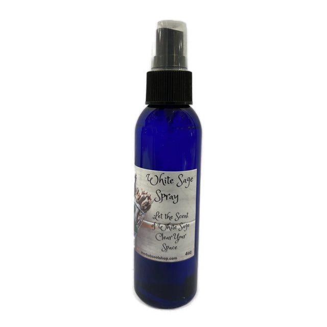 White Sage Room Spray in a blue bottle.