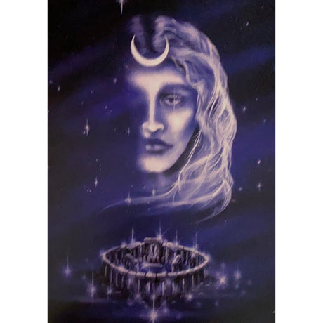 Woman's face with a crescent moon above her head, with a stone circle below.