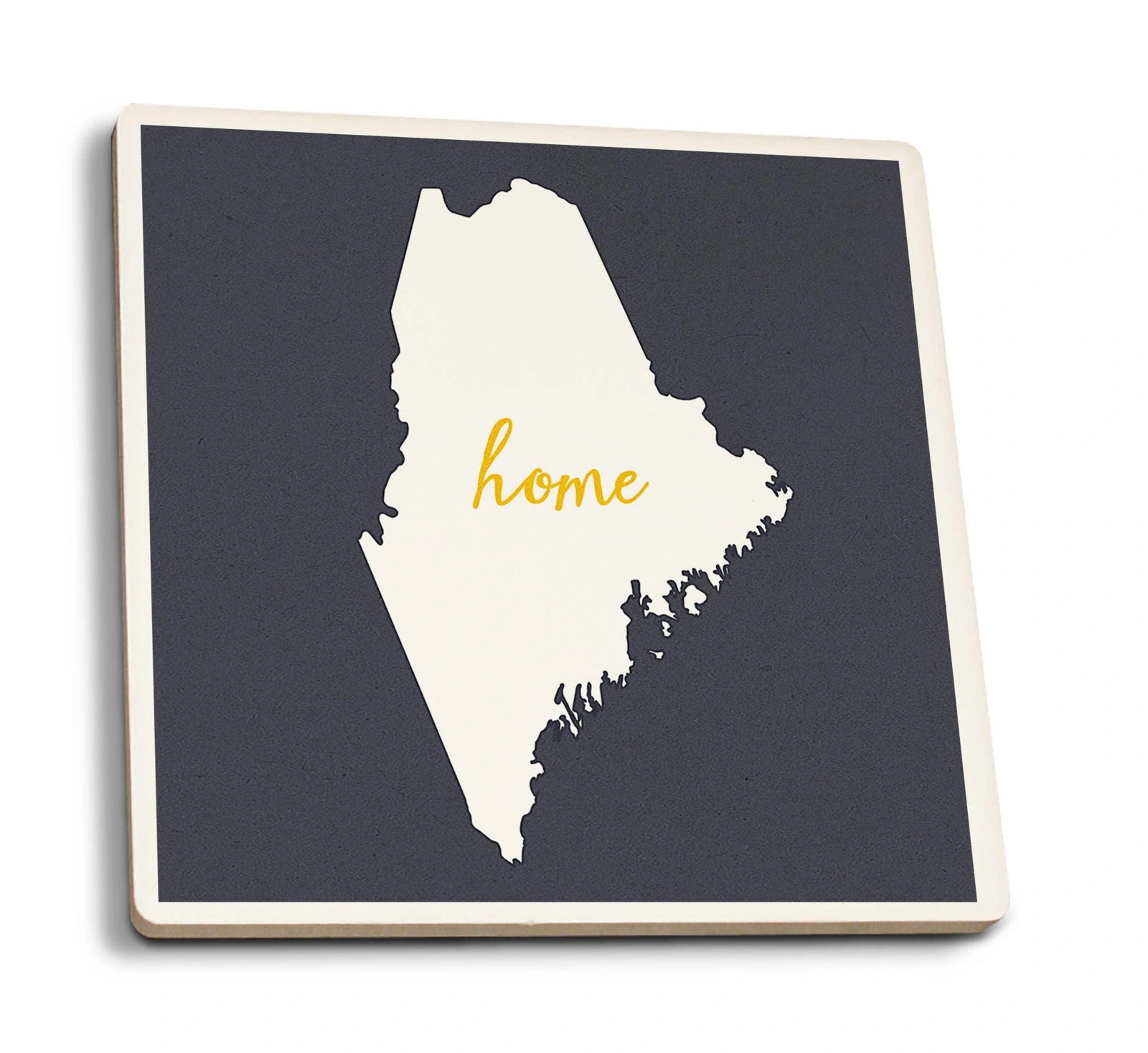 Ceramic coaster with "MAINE" and state outline.