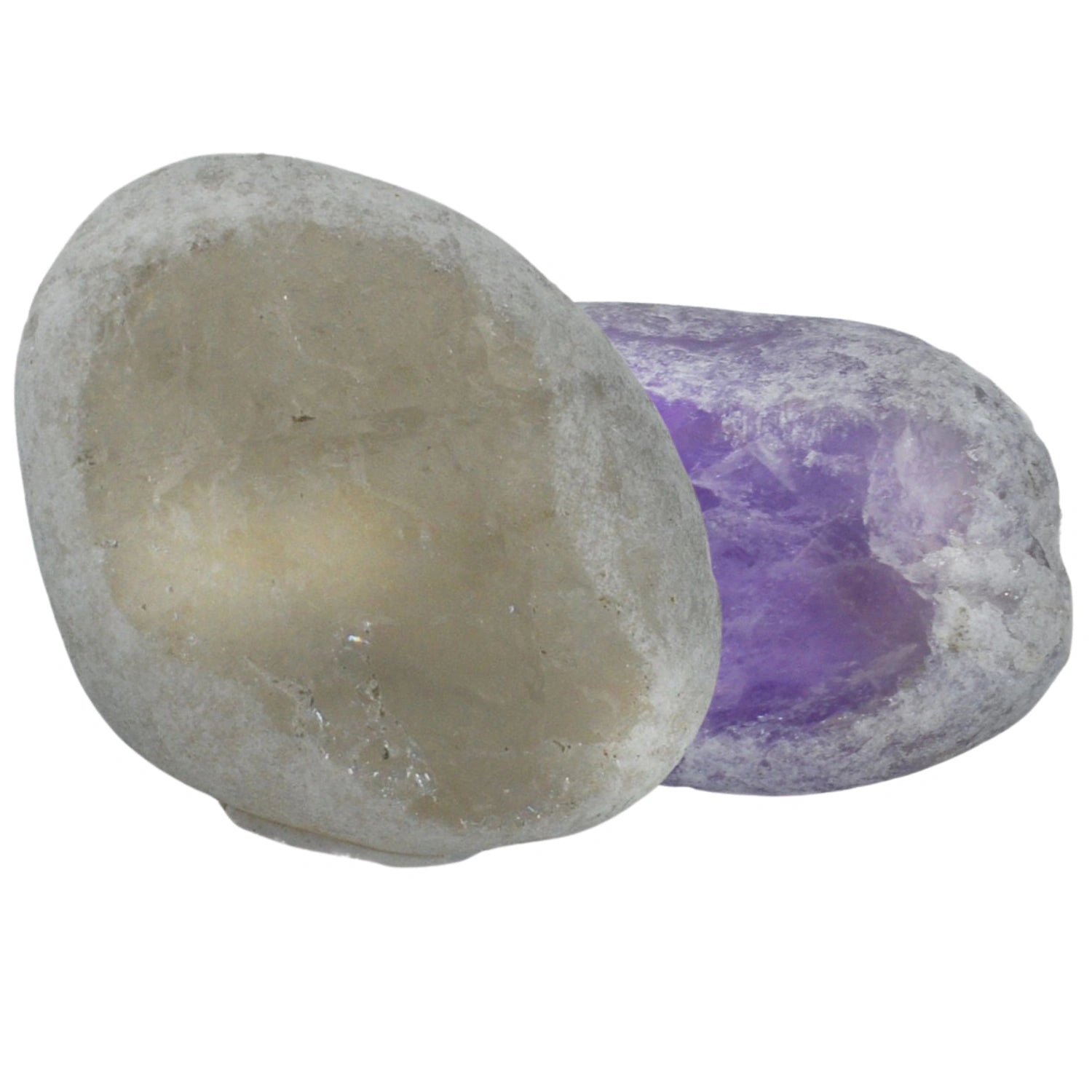 Two tumbled stones with a smooth, polished finish. One stone is predominantly white with a translucent quality, while the other is a mix of white and purple with a more opaque texture.