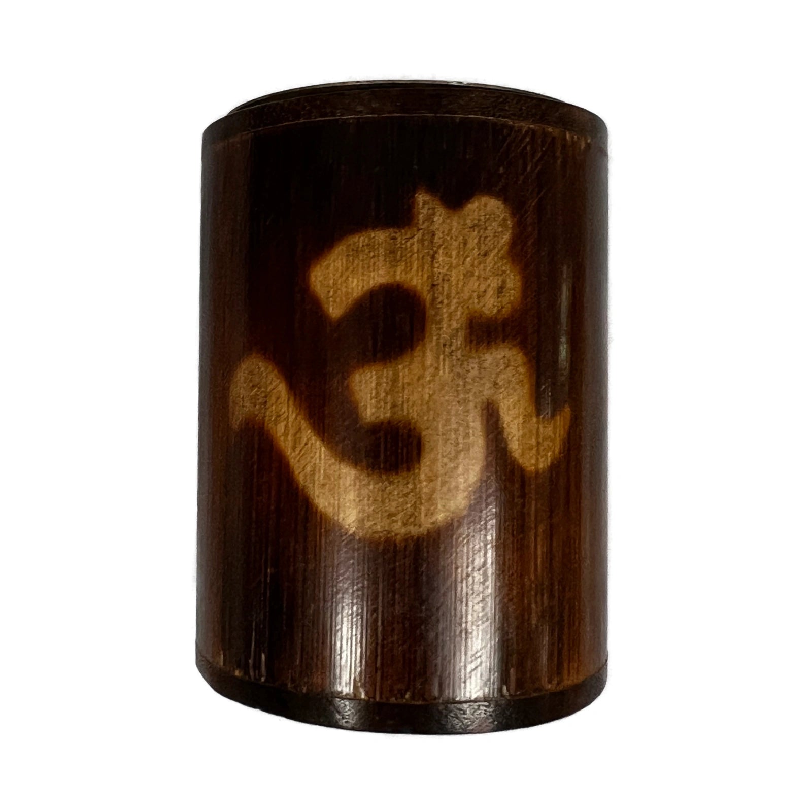 Barrel shaped container brown with golden OM symbol.