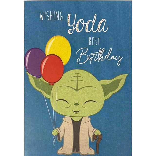 Greeting card featuring Yoda holding balloons, with the text "WISHING YODA BEST BIRTHDAY."