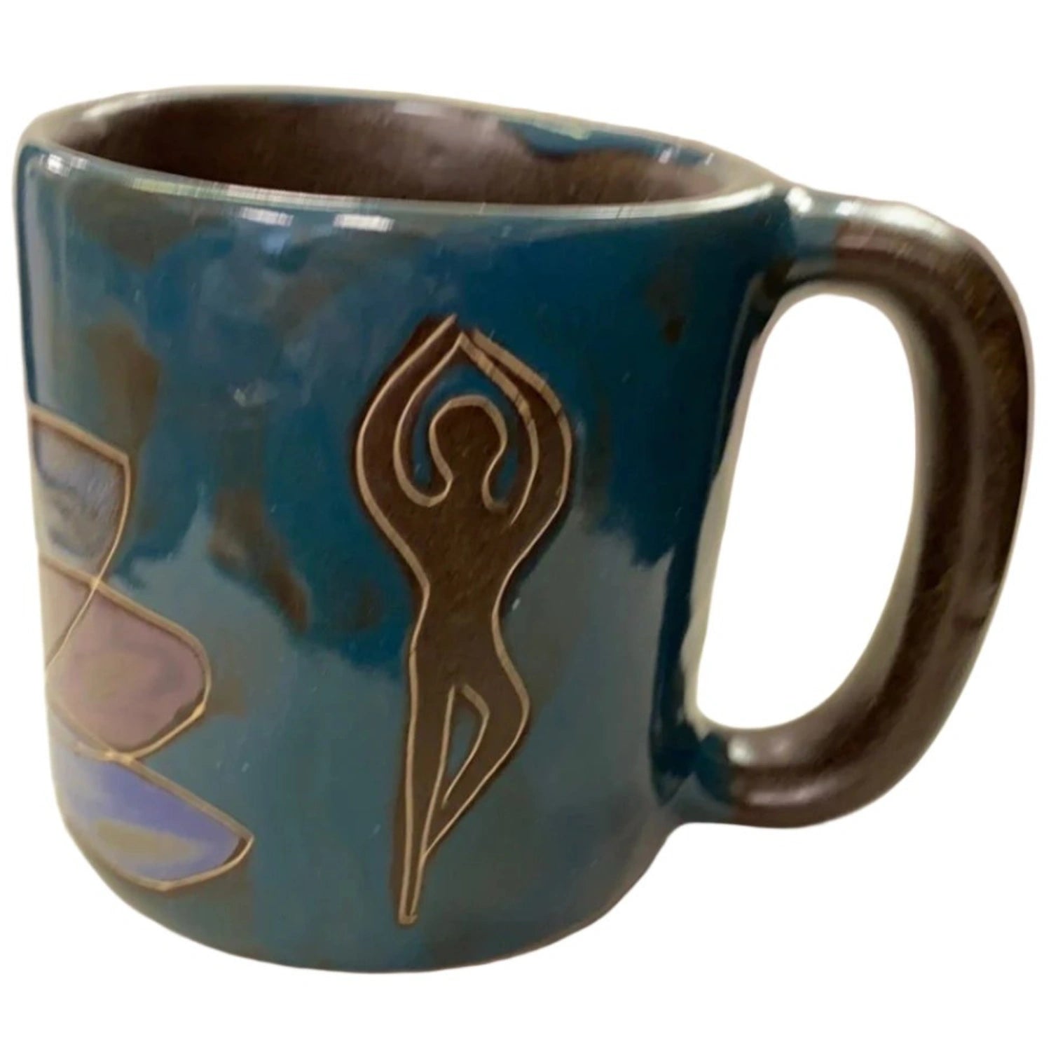 Stoneware mug with yoga figure design.