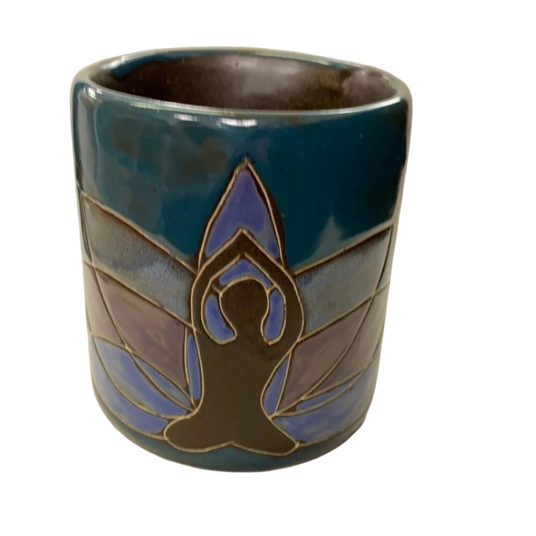 Yoga Mug 16oz - Lage blue stoneware mug with  sillowet of yoga pose and lotus leaves 