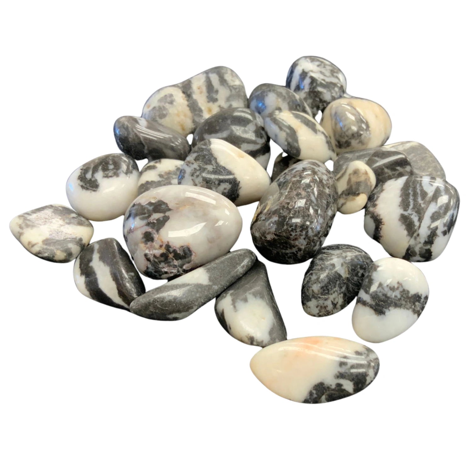 Zebra Stone Tumbled - Polished stones with black and white stripes.