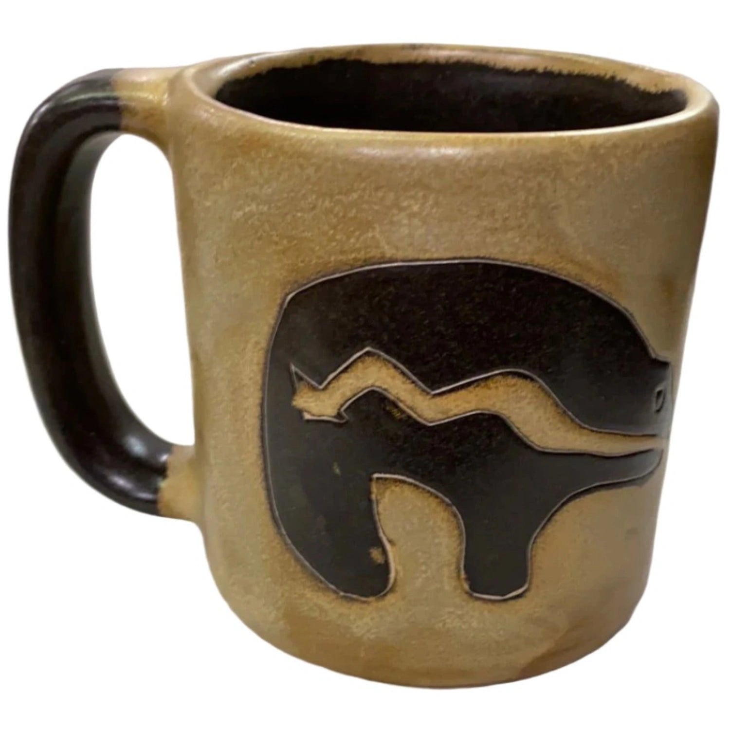 Brown stoneware mug with a black bear design.