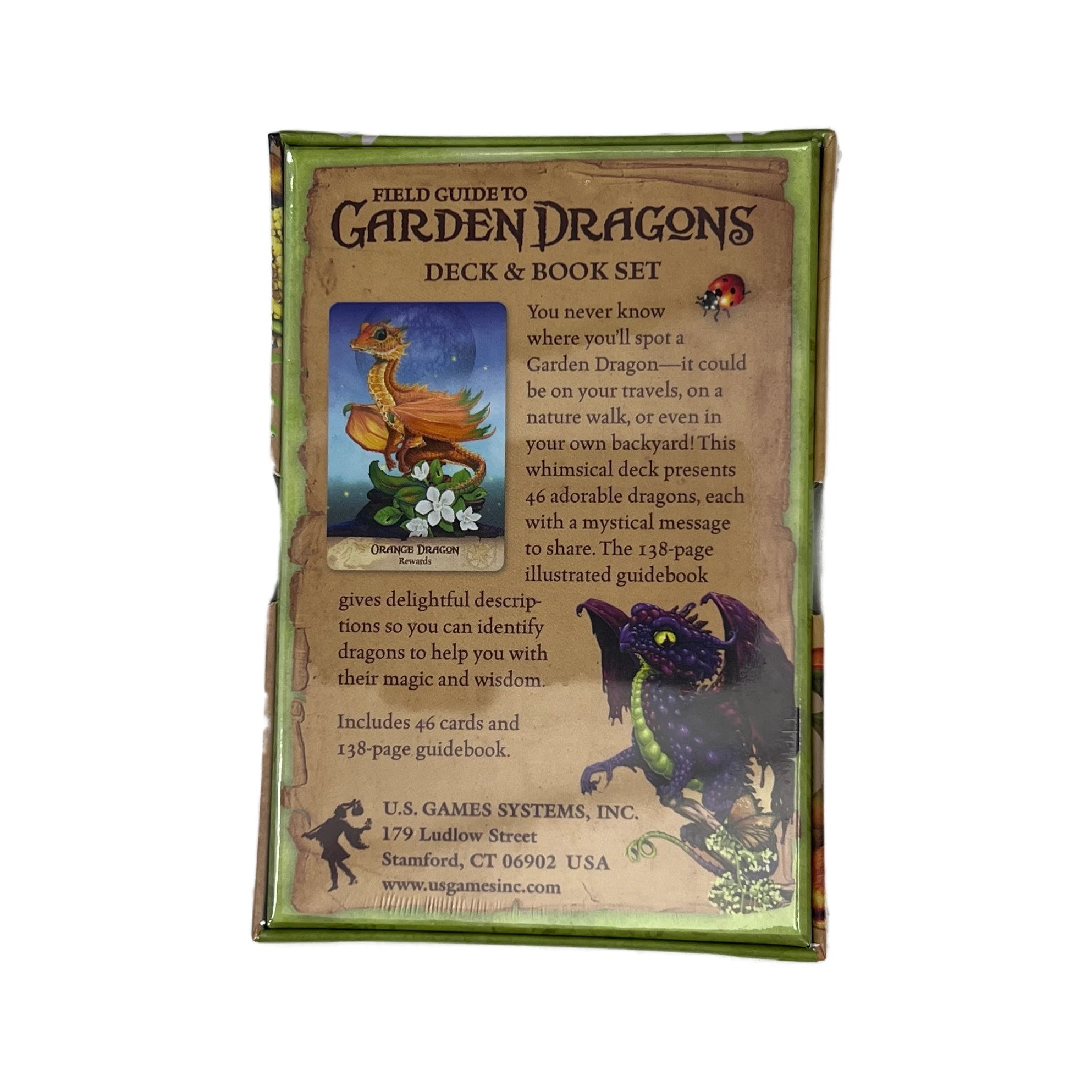 garden dragons back of box with writing and images of dragons 