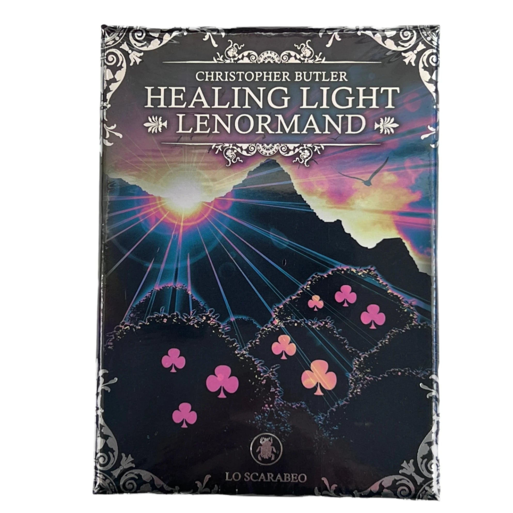 healing light lenormand cards in. black box with images of mountains and sunrise 
